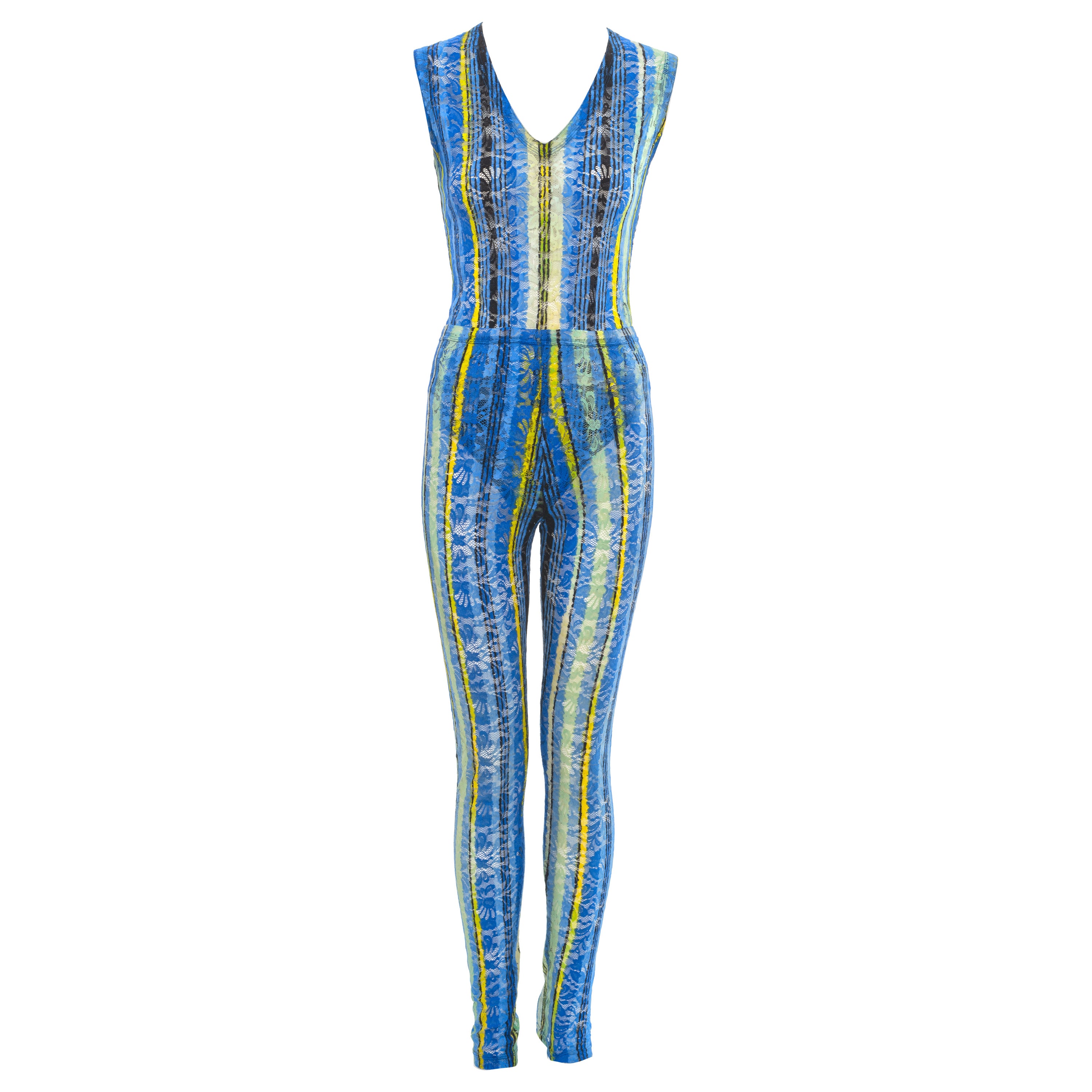 Gianni Versace: blauer Spitzen-Bodysuit und Leggings-Set, fw 1993 im Angebot