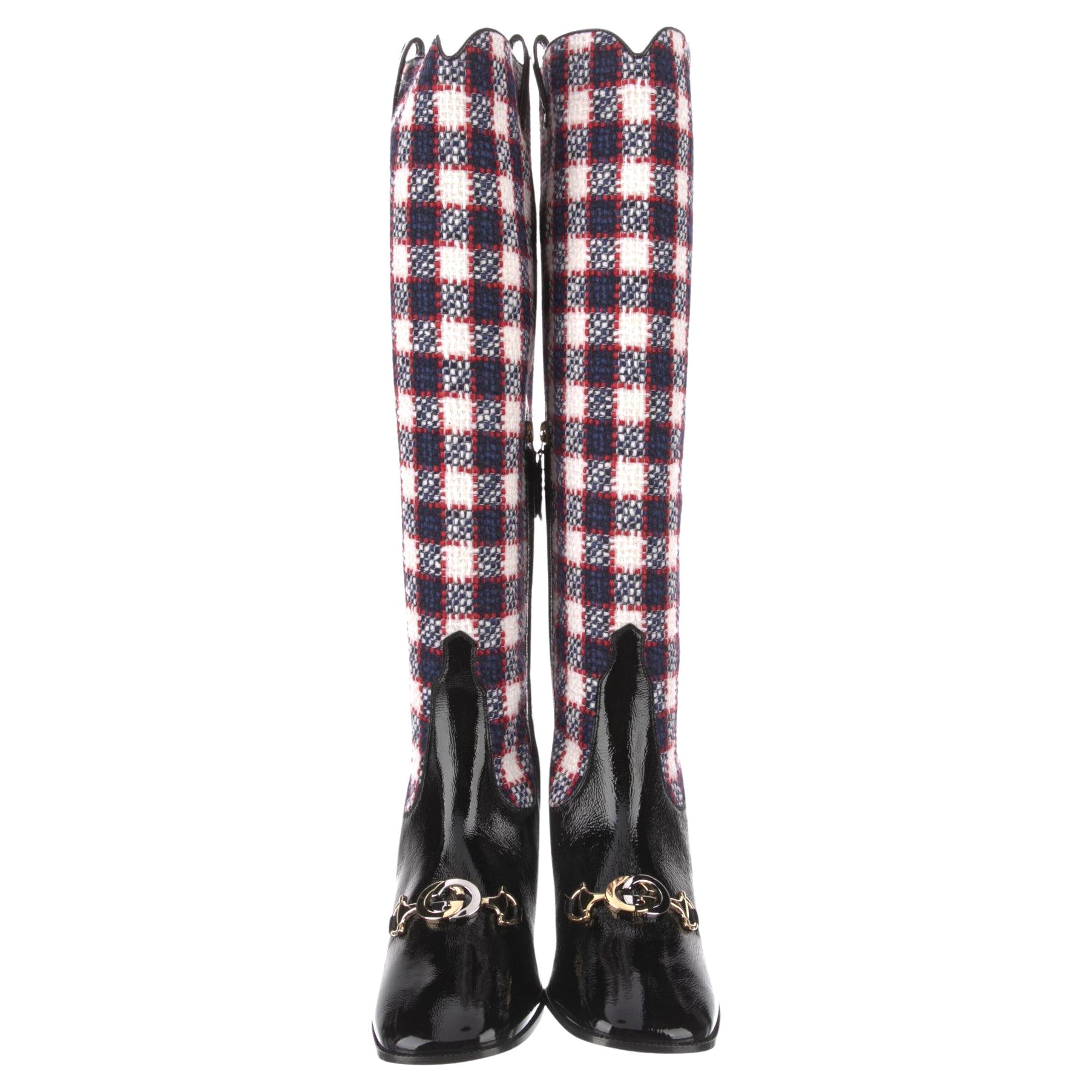 New With Box Gucci 2019 Zumi Plaid Patent and Wool Boots Sz 39 For Sale