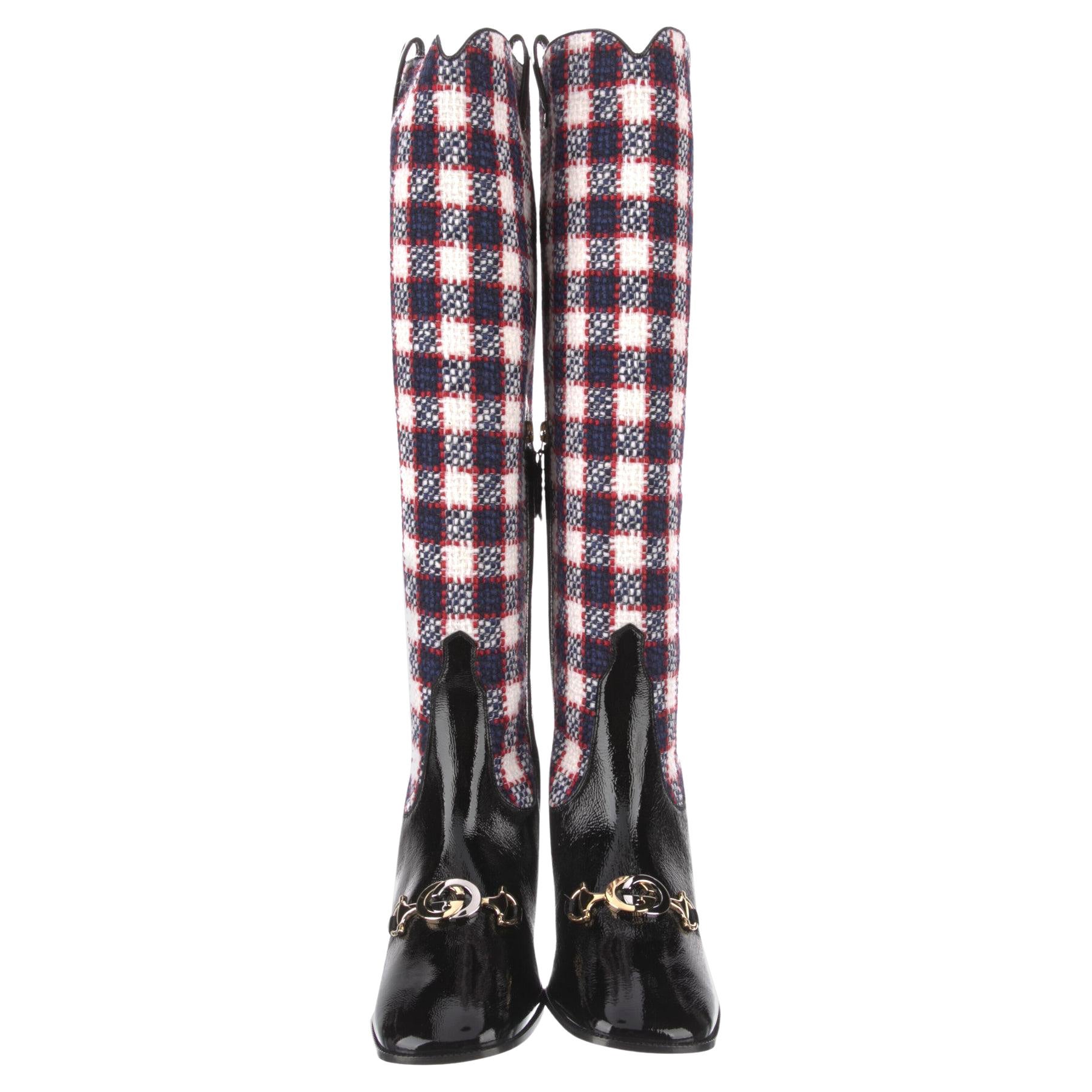 New With Box Gucci 2019 Zumi Plaid Patent and Wool Boots Sz 39