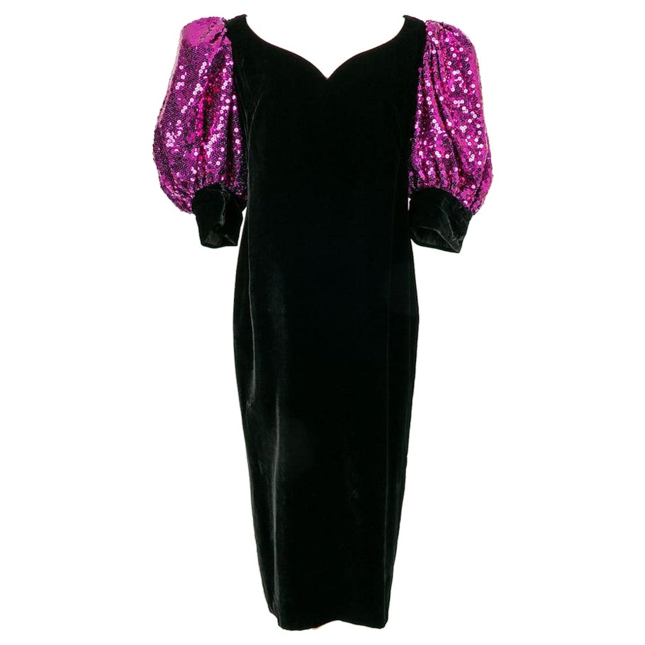 Christian Lacroix Black Silk Velvet Dress with Puffed Sleeves and Purple Sequins For Sale