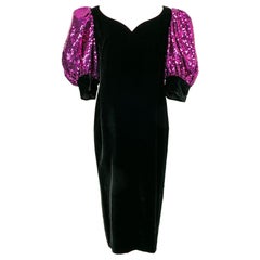 Christian Lacroix Black Silk Velvet Dress with Puffed Sleeves and Purple Sequins