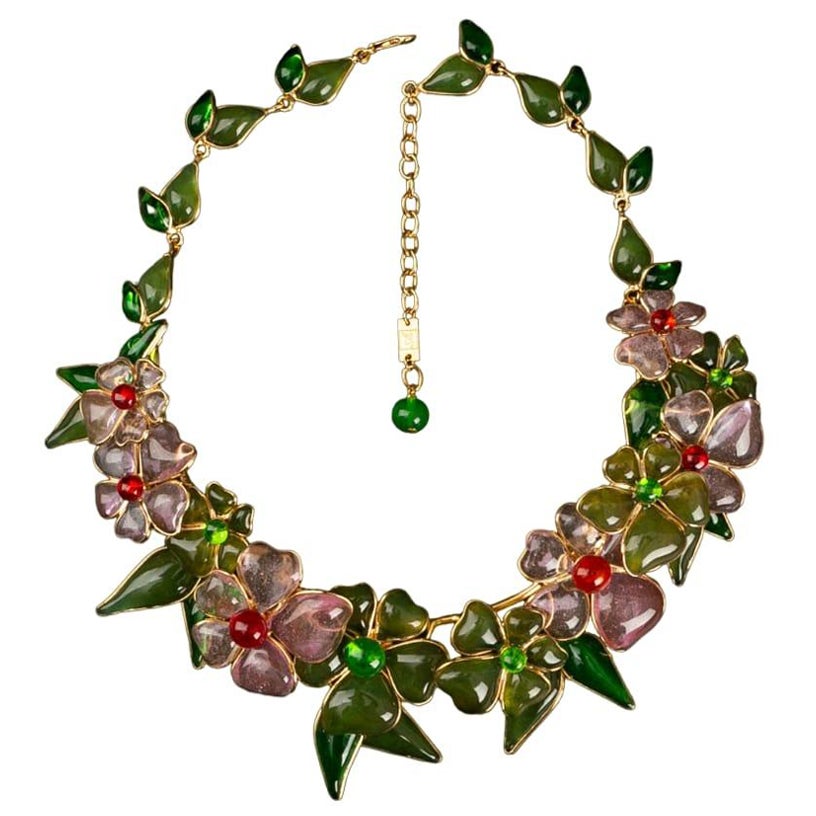 Augustine Gilded Metal Necklace with Glass Paste Flowers For Sale