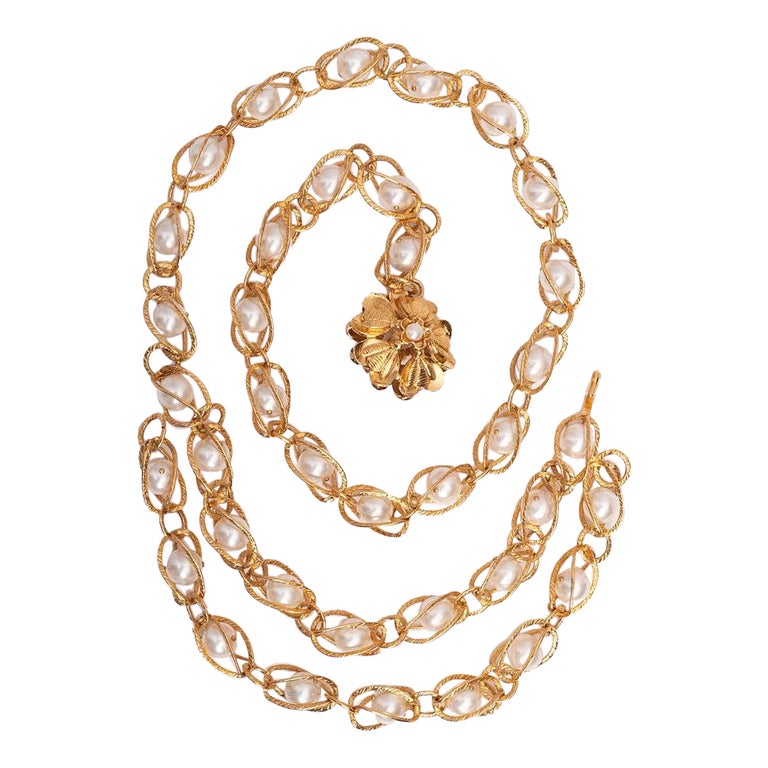 Chanel Vintage Gold Toned Caged Pearl Belt For Sale at 1stDibs