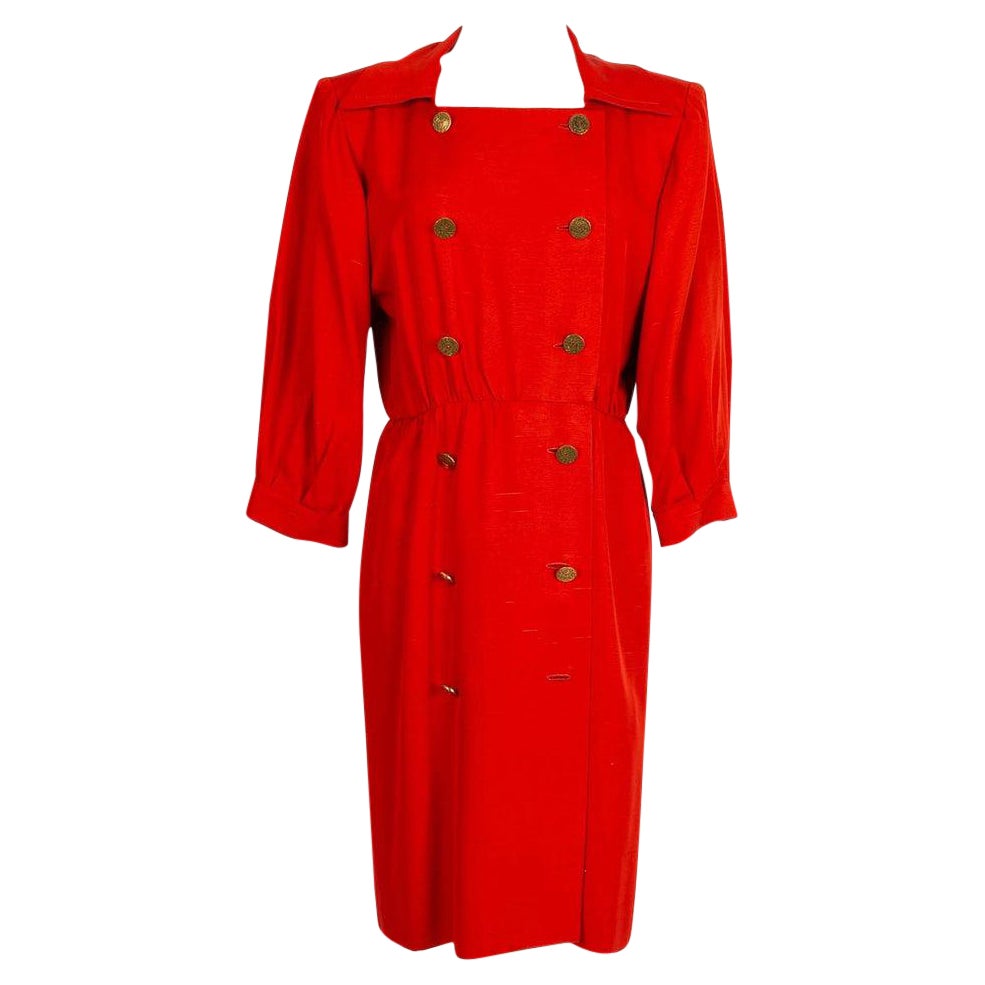 Yves Saint Laurent Red Wild Silk Dress with Gold Metal Buttons For Sale