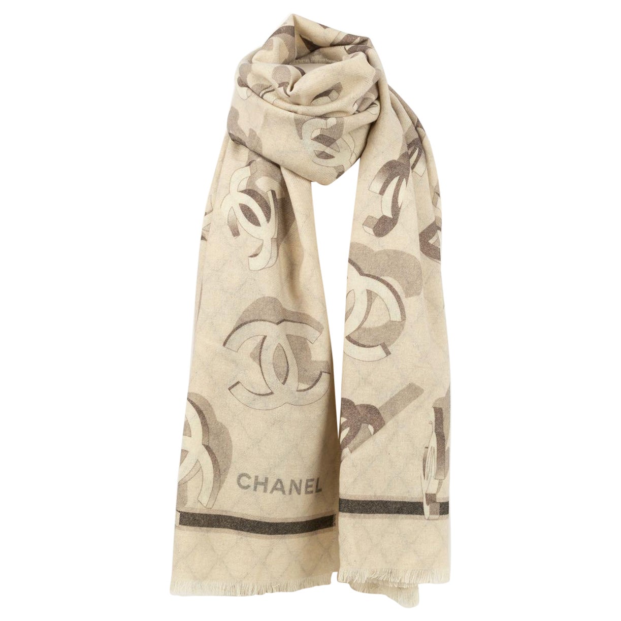 CHANEL Cashmere CC Logo Fringe Shawl Brown