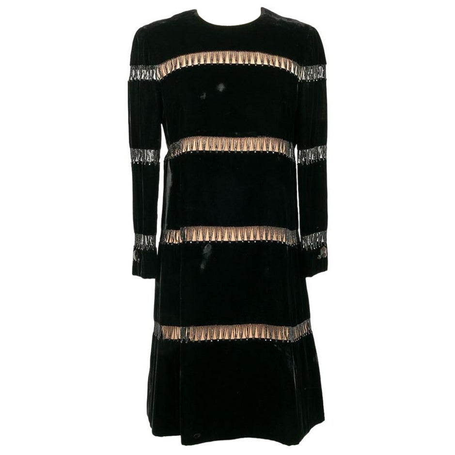 Guy Laroche Haute Couture Dress in Black Silk Velvet, Pearls and Strass For Sale