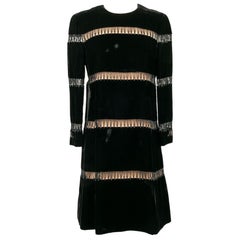Guy Laroche Haute Couture Dress in Black Silk Velvet, Pearls and Strass