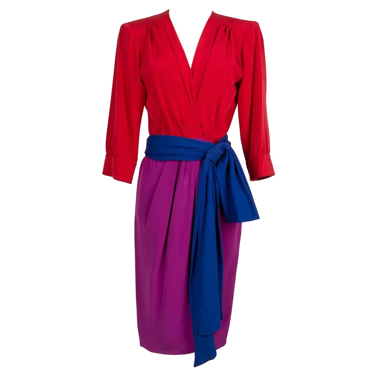 Yves Saint Laurent Purple and Red Silk Haute Couture Dress with Blue Silk Belt