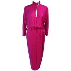 GALANOS Attributed Magenta Draped Silk Gown with Rhinestone Accents Size 