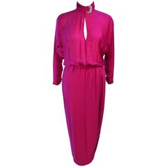GALANOS Attributed Magenta Draped Silk Gown with Rhinestone Accents Size 7