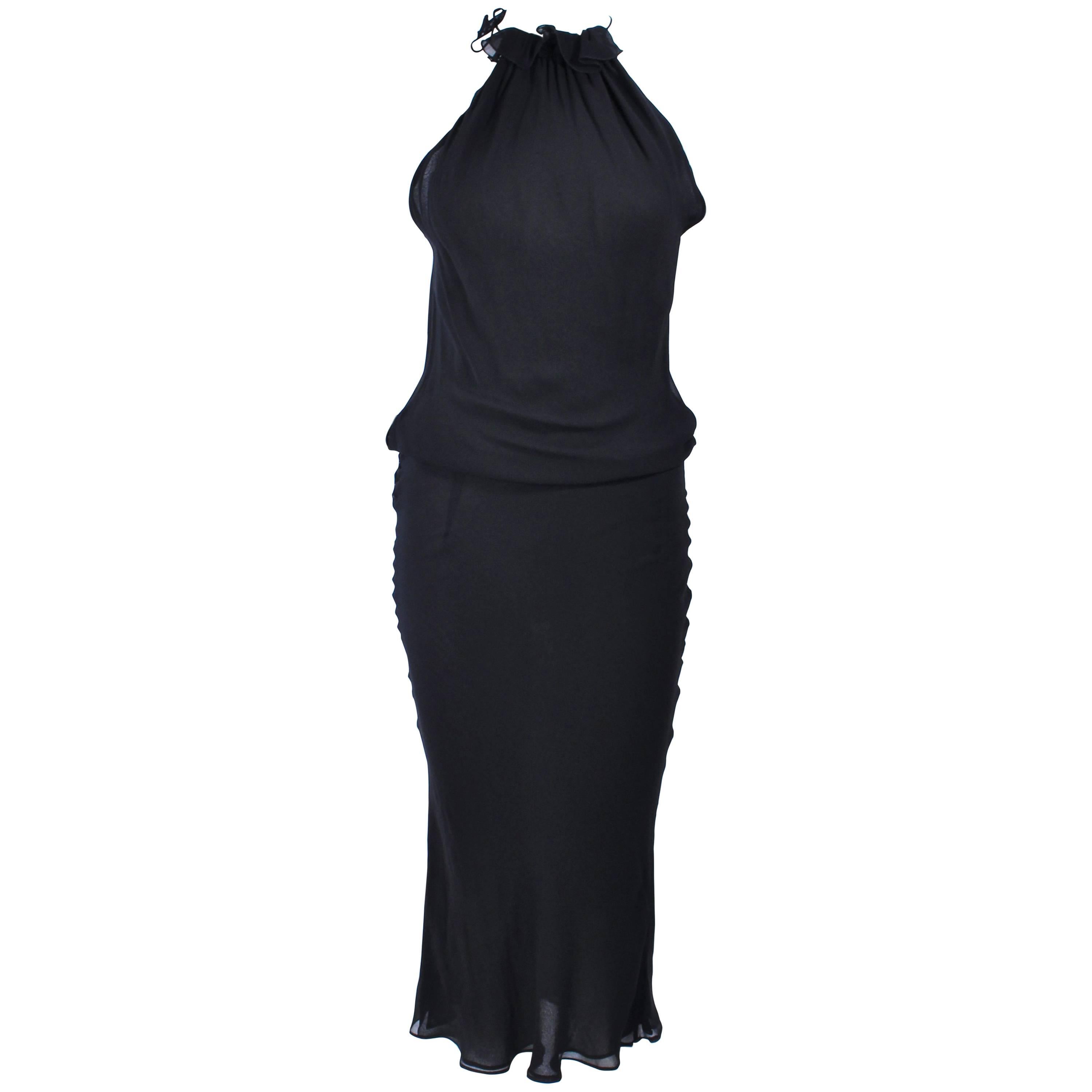 UNGARO FEVER Black Silk Chiffon Bias Cut Halter Dress with Ruffle Size 42