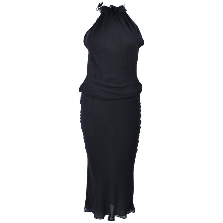 UNGARO FEVER Black Silk Chiffon Bias Cut Halter Dress with Ruffle Size ...