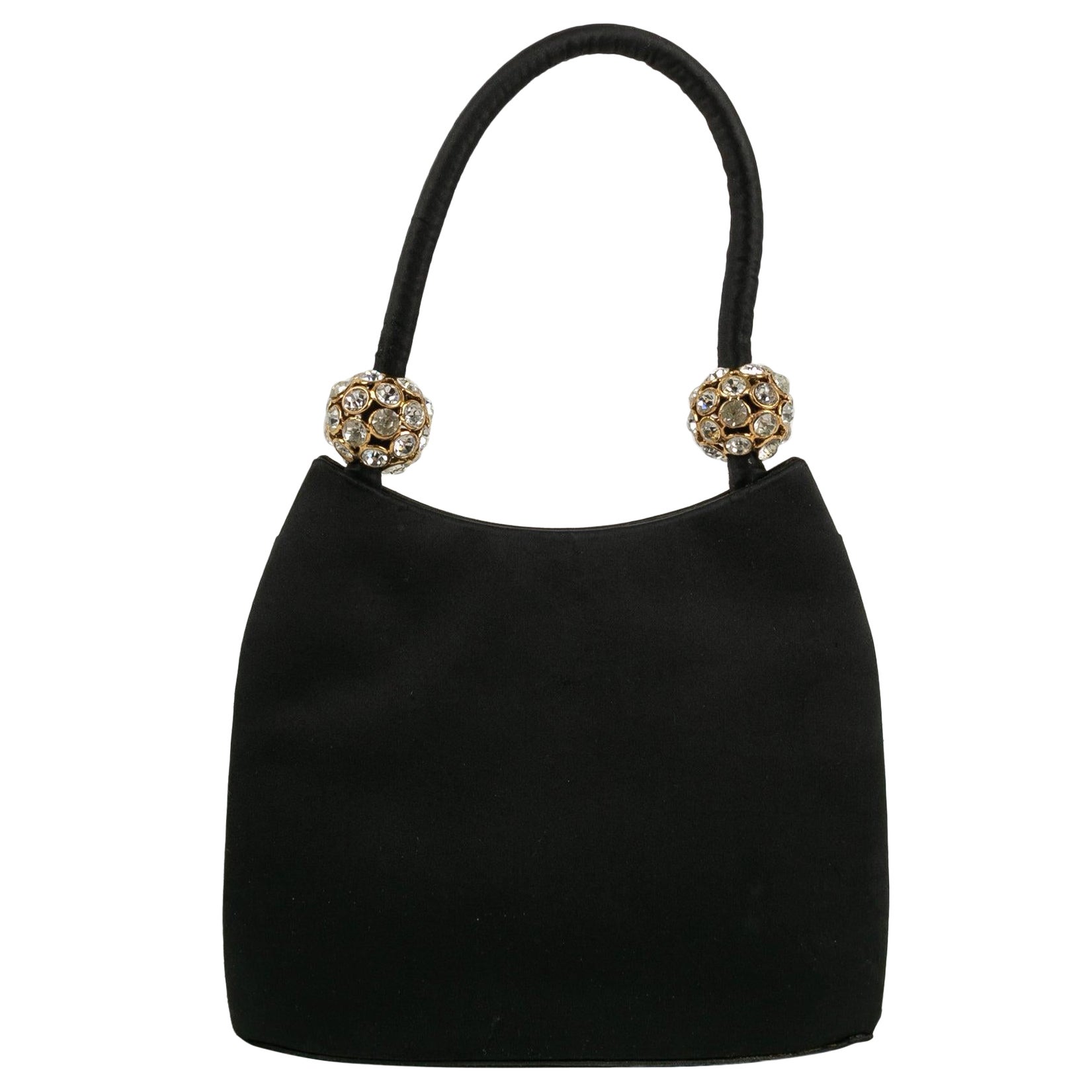 Christian Lacroix Black Silk, Gold Metal and Rhinestone Bag For Sale