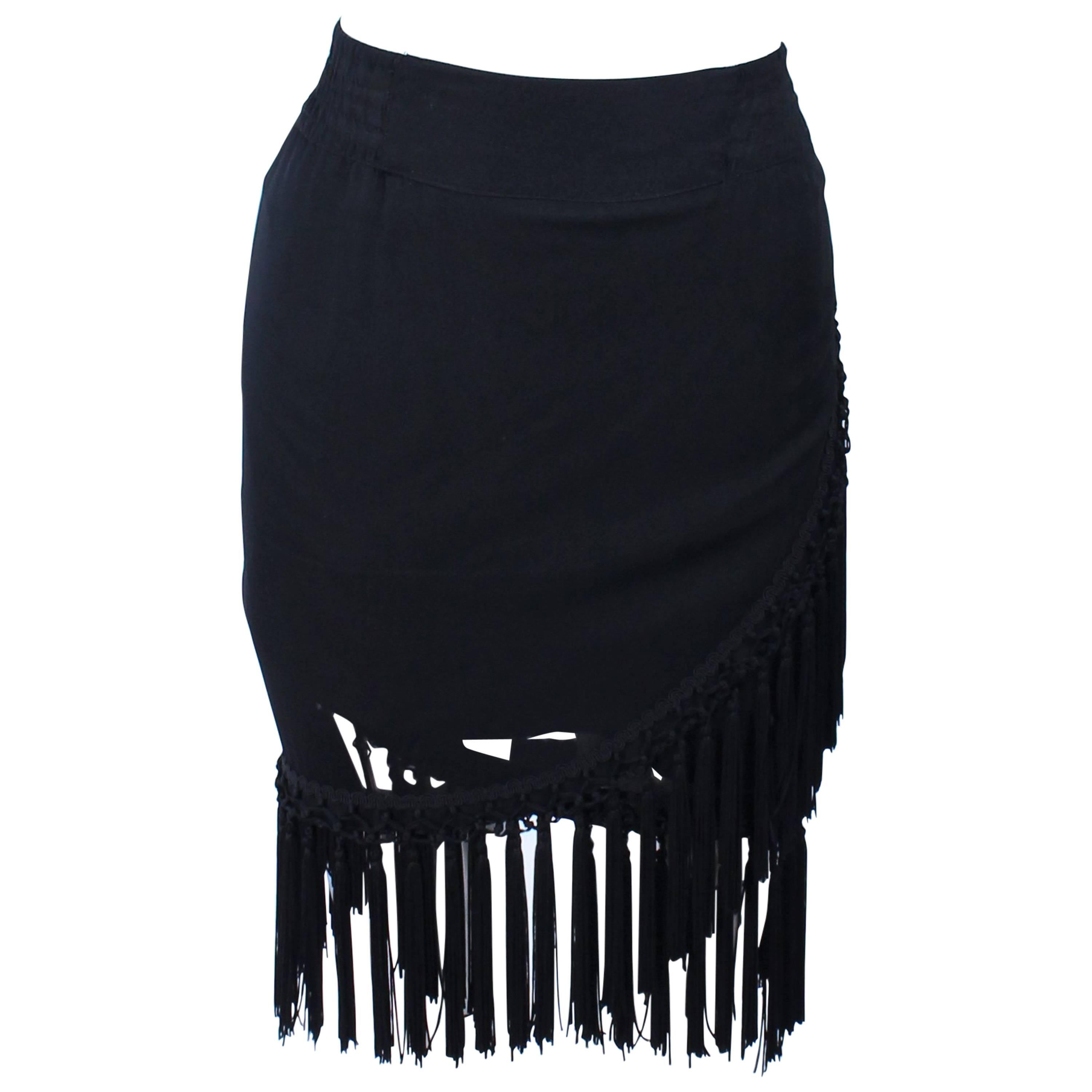 DIANE FREZ Black Chiffon Wrap Skirt with Tassels Size 4 6 For Sale