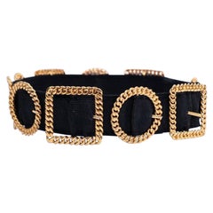 Chanel Black Leather and Elastic Belt Embellished with Gilded Metal Buckles