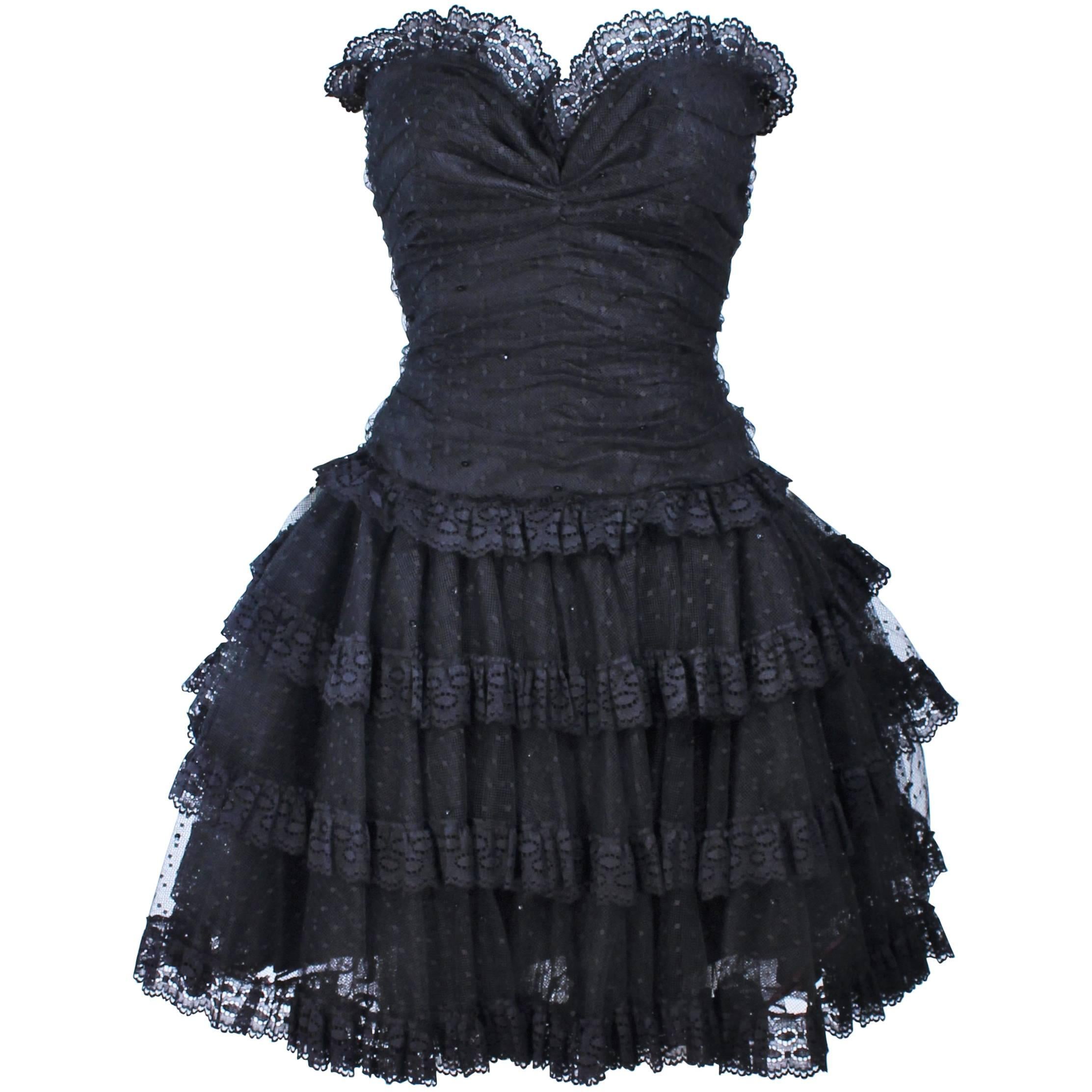 DELL LOS ANGELES Black Ruffled Tiered Sequin Cocktail Dress Size 6 8