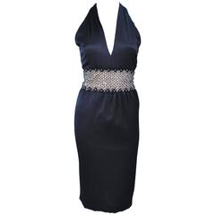 ROBERT DAVID-MORTON Black Silk Cocktail Dress Nude Rhinestone Waist Size 6 8 9