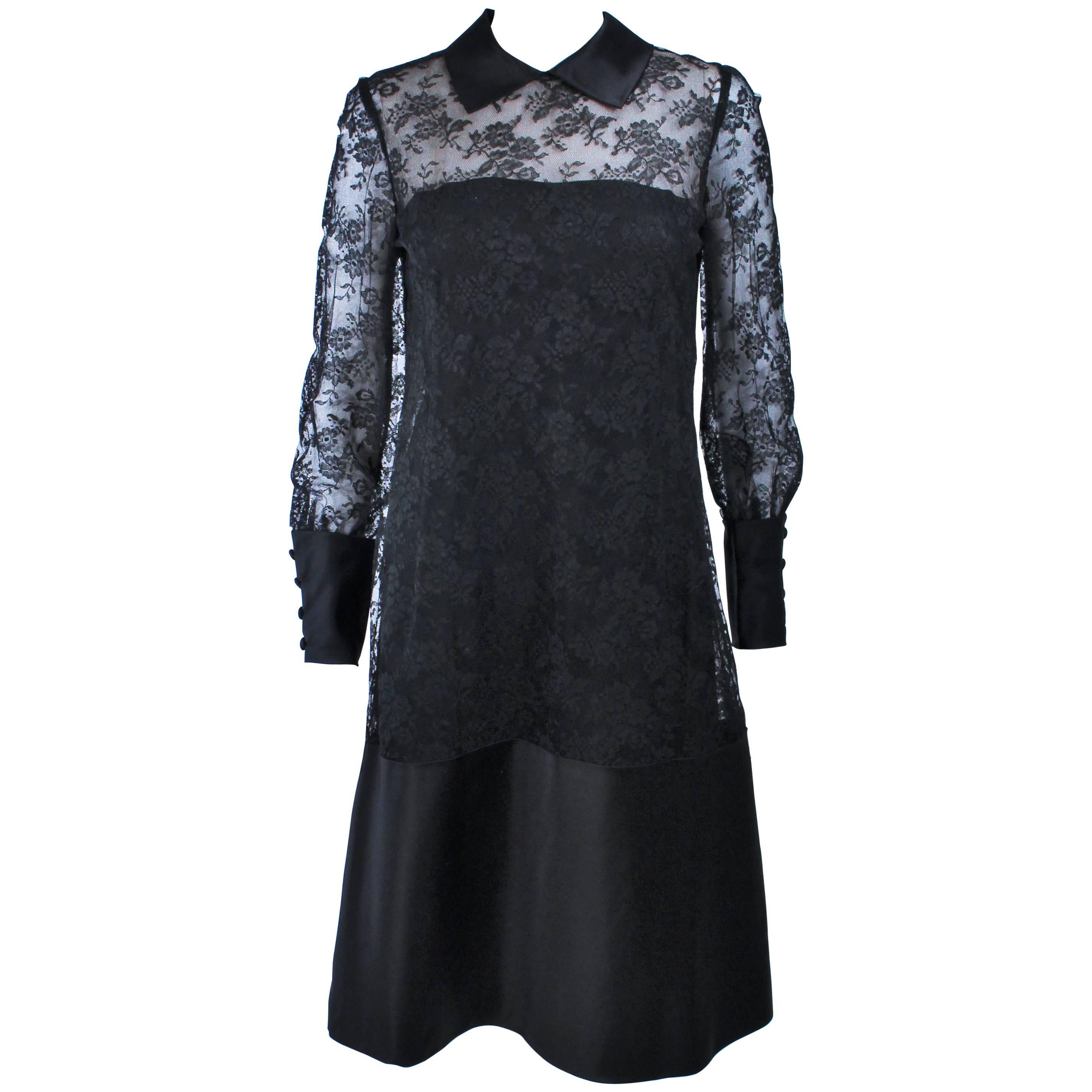MALCOLM STARR Black Silk Lace Collared Dress Size 4 6 