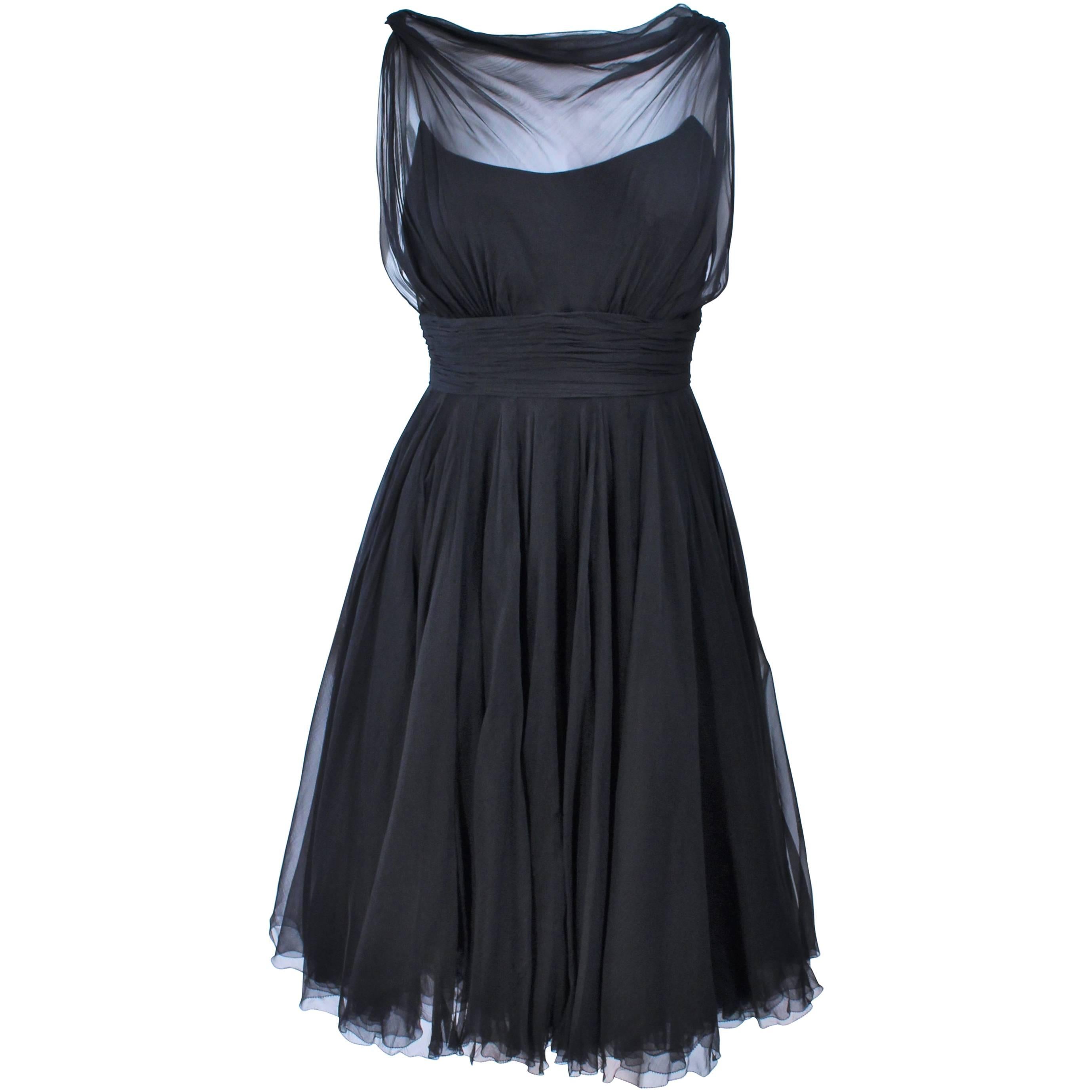 GALANOS Black Silk Chiffon Draped Cocktail Dress Size 2 For Sale at 1stDibs