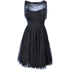 GALANOS Black Silk Chiffon Draped Cocktail Dress Size 2 1