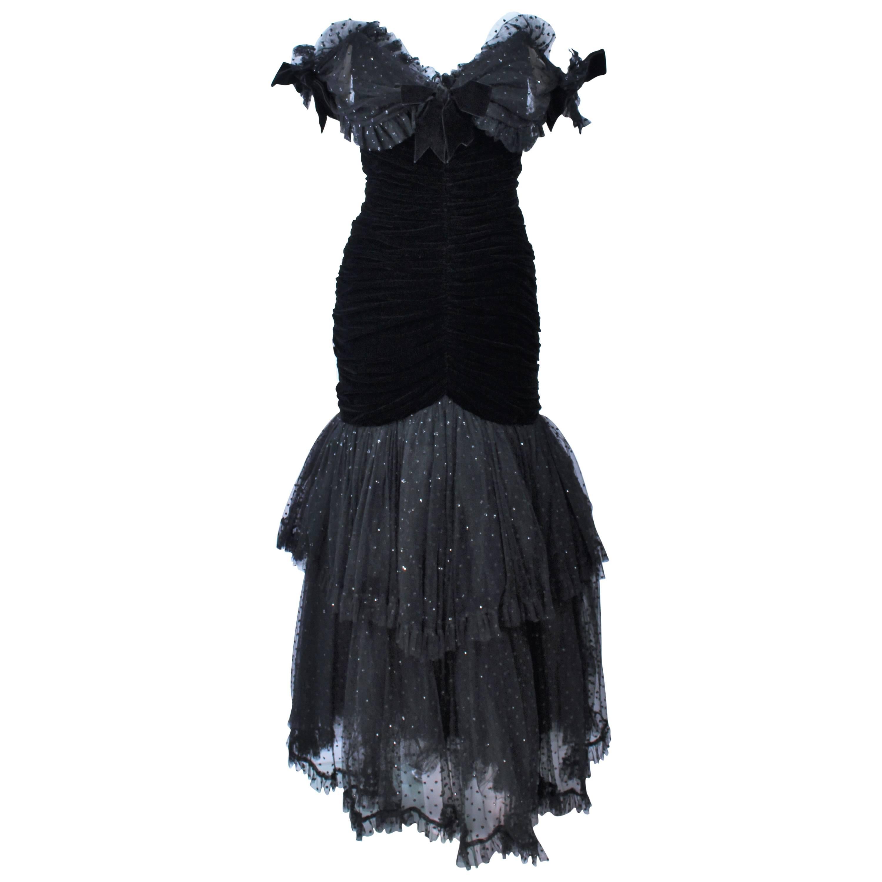 BELVILLE SASSON Black Velvet and Lace Ruched Gown Size 2 For Sale