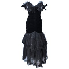 Vintage BELVILLE SASSON Black Velvet and Lace Ruched Gown Size 2