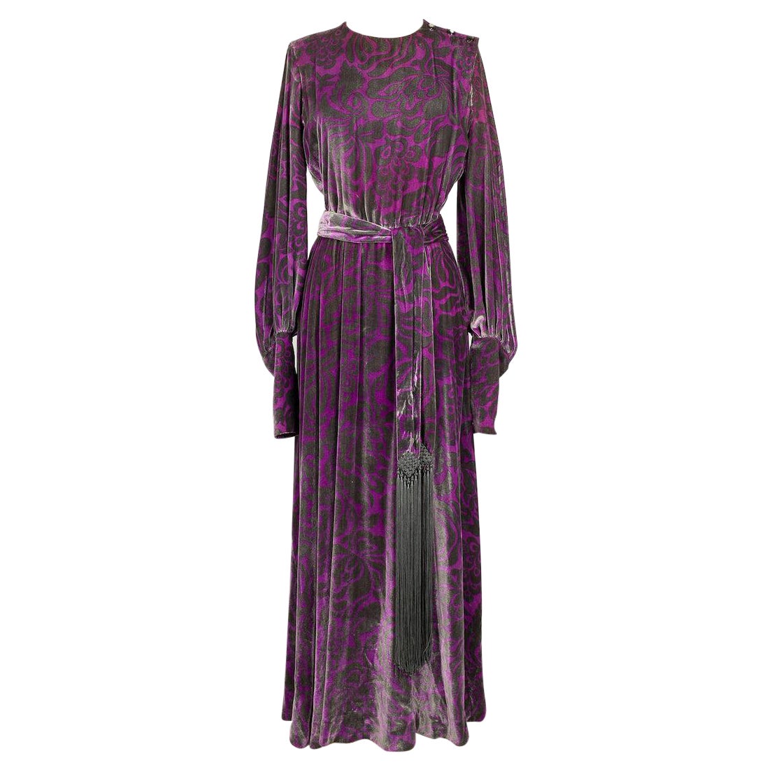 Robe longue haute couture Yves Saint Laurent en velours de soie violet et gris en vente