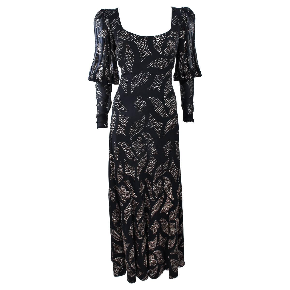 PAULINE TRIGERE 1970's Black Sequin Applique Full Length Dress Size 12 For Sale