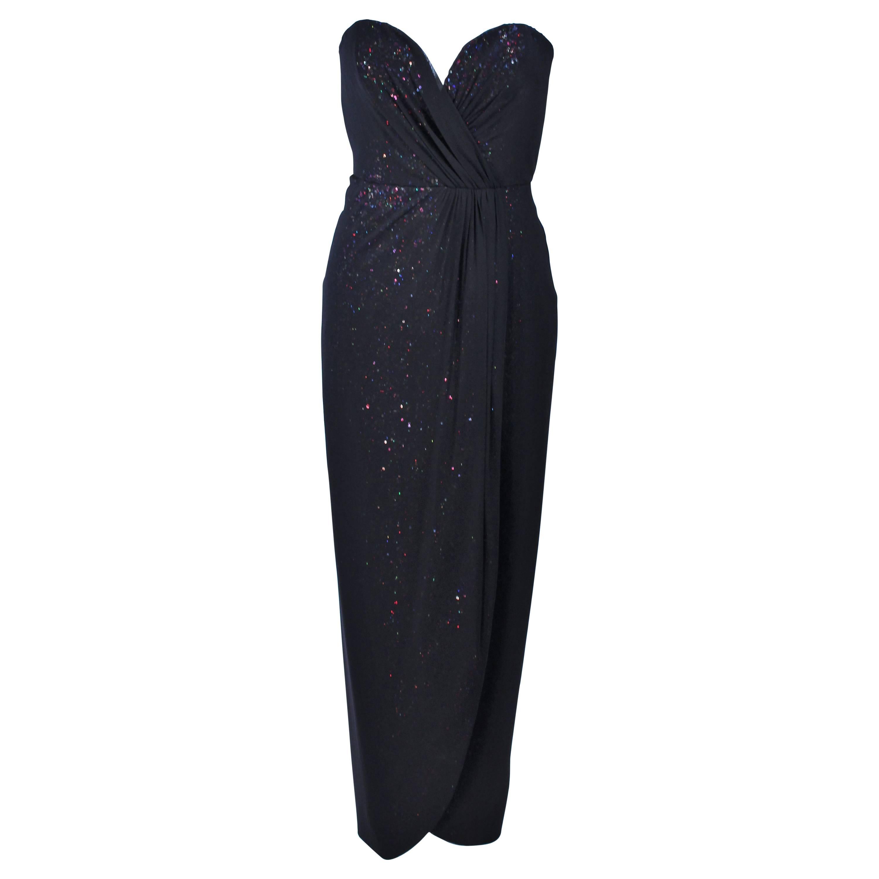 VICKY TIEL Black Draped Gown with Iridescent Rainbow Sequin Interior Size 4