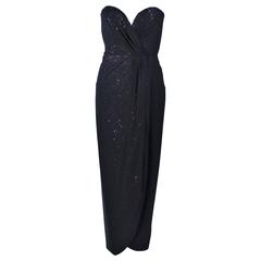 VICKY TIEL Black Draped Gown with Iridescent Rainbow Sequin Interior Size 4 8