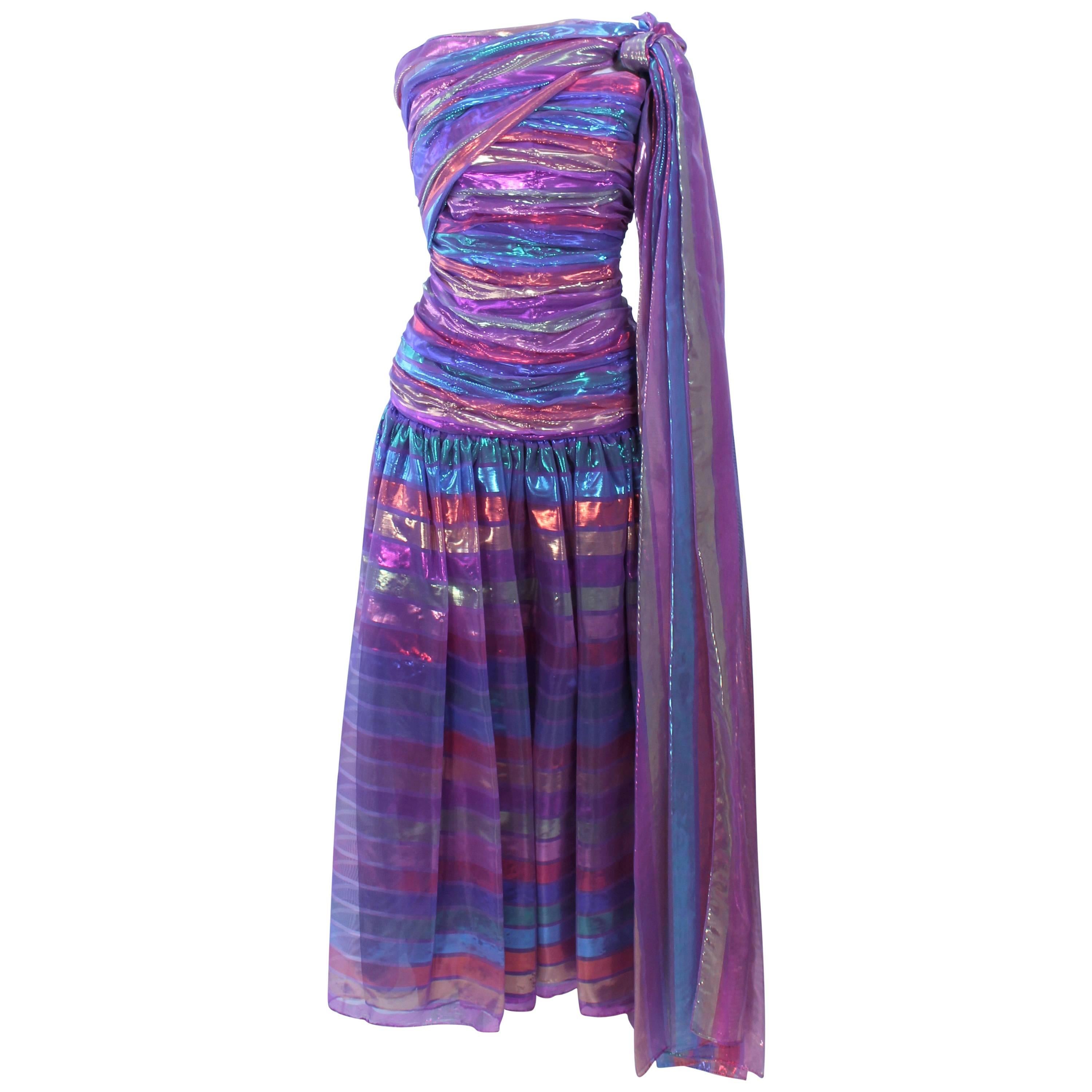 VICTOR COSTA 1970's Iridescent Rainbow Lame Gown with Drape Size 6 8