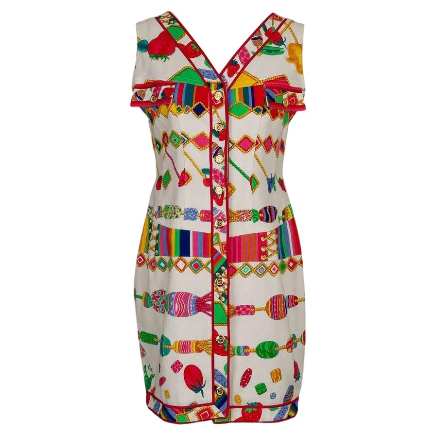 Léonard White Cotton Dress Printed with Candies and Fruits For Sale