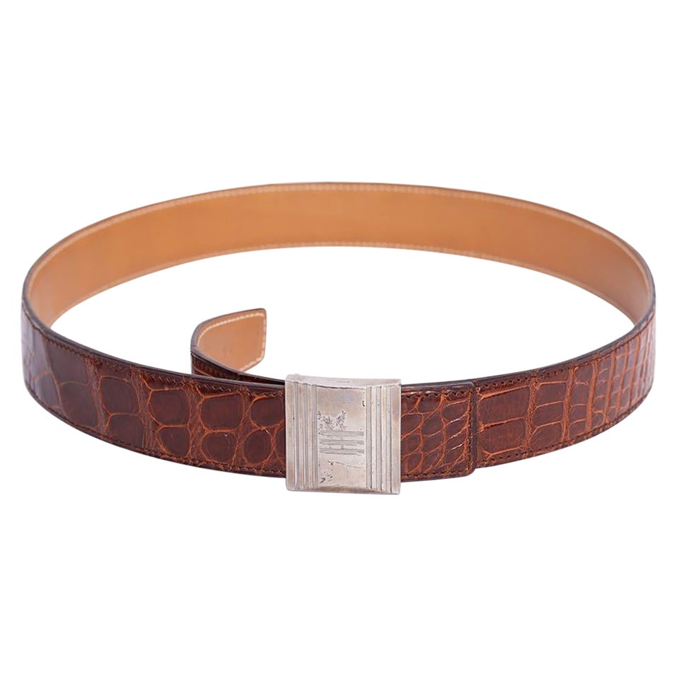 Hermes Belt in Crocodile and Brown Leather For Sale