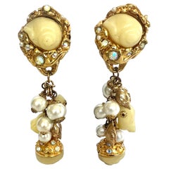 Vintage French Gilt AB Nautical Seashell Pearl Earrings 