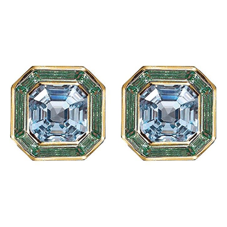 Luminous Asscher Stud Earrings, Blue & Green Sapphire, 18kt, 5.40ct For Sale