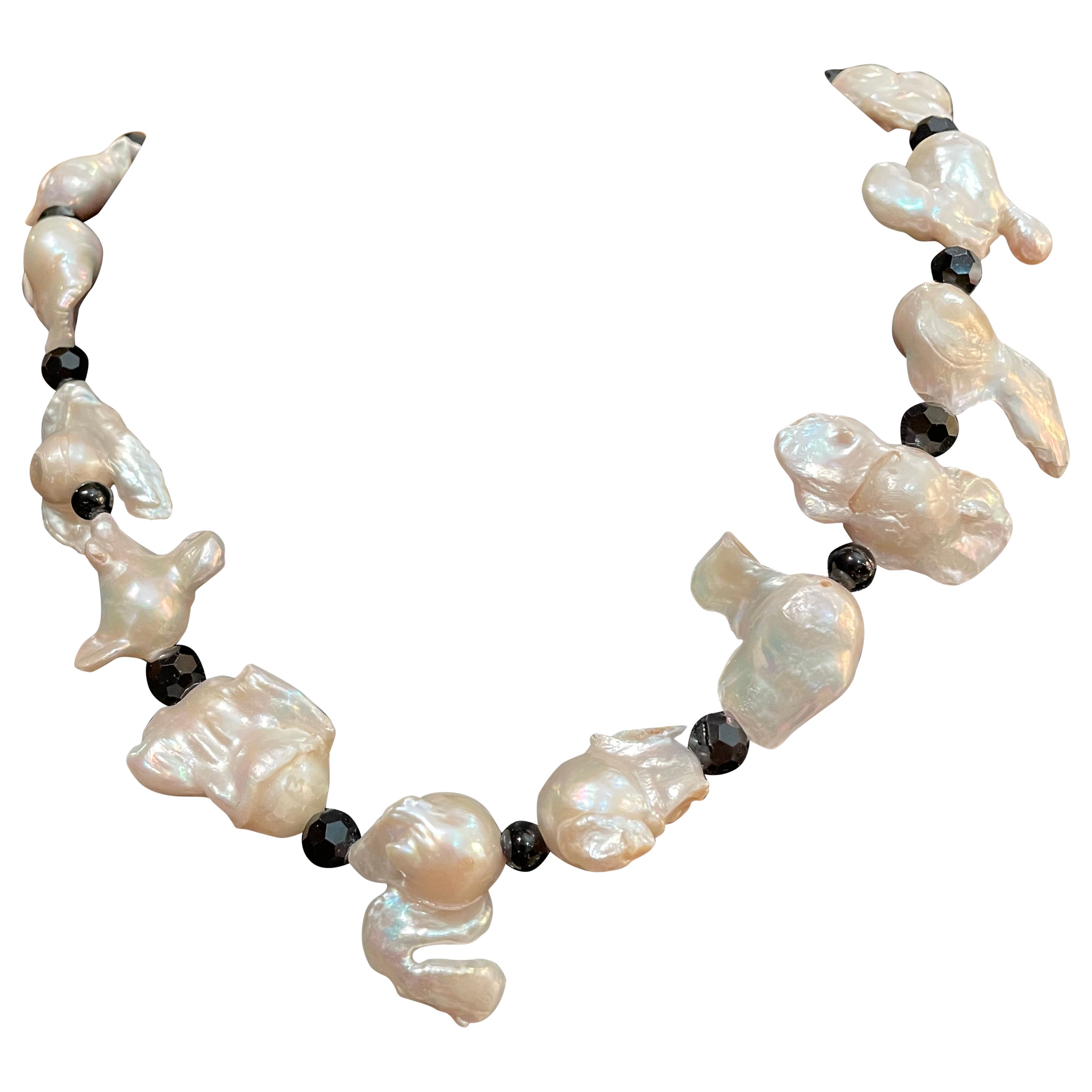 LB large Baroque Pearls Black Crystal Sterling Silver Handmade necklace For Sale