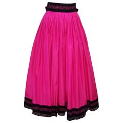 Girlish 1980's Oscar de la Renta Shocking Pink Silk Skirt With Velvet Details 5