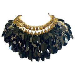 Vintage French Black and Gold Beaded Chain Bib Statement Necklace 