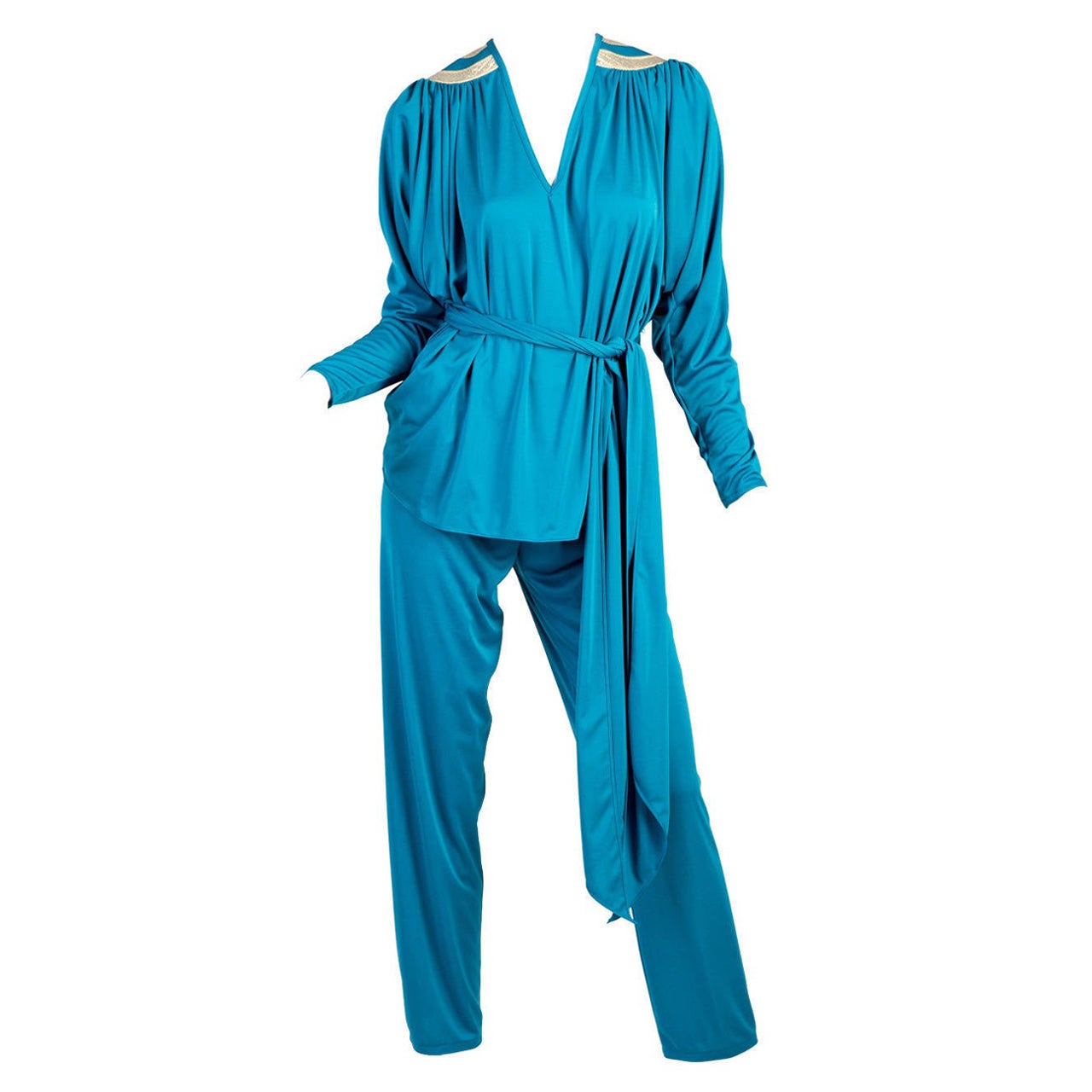 1970s Bill Tice Turquoise & Gold Gathered Jersey Dolman Sleeve Top & Pants Set  en vente
