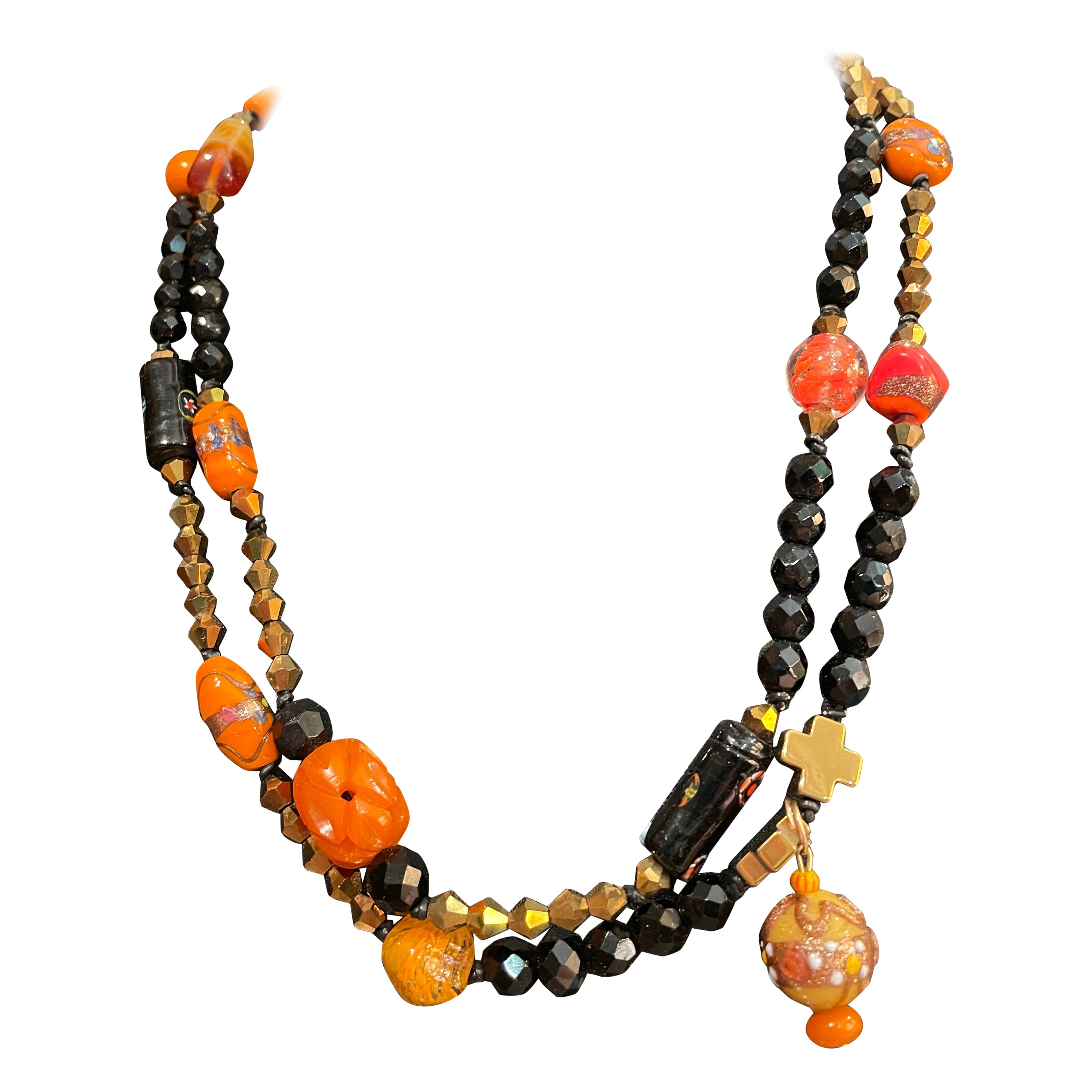 LB Vintage Murano Bakelite Jet agates one of a kind long strand necklace For Sale