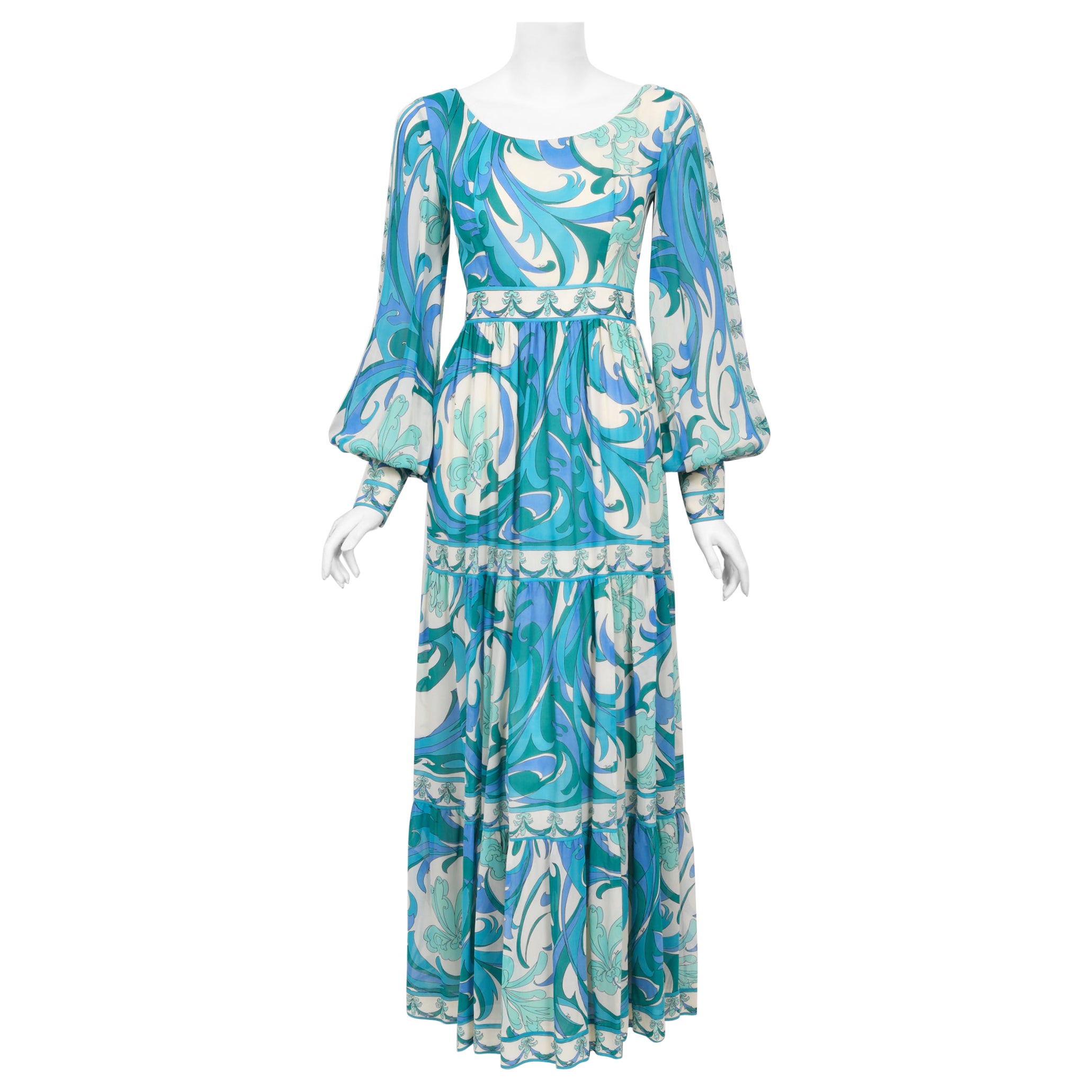 Vintage 1970's Emilio Pucci Blue Psychedelic Print Silk Billow-Sleeve Maxi Dress