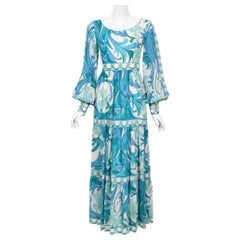 Vintage 1970's Emilio Pucci Blue Psychedelic Print Silk Billow-Sleeve Maxi Dress