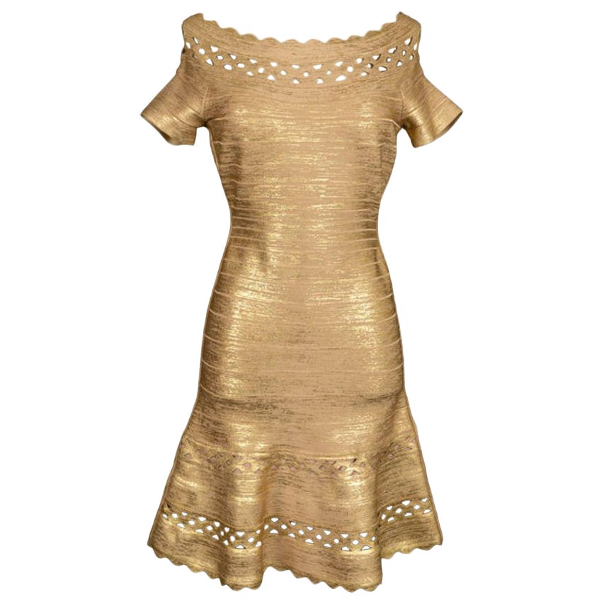 Hervé Léger Kurzes Kleid aus goldenem Mesh, Größe S im Angebot
