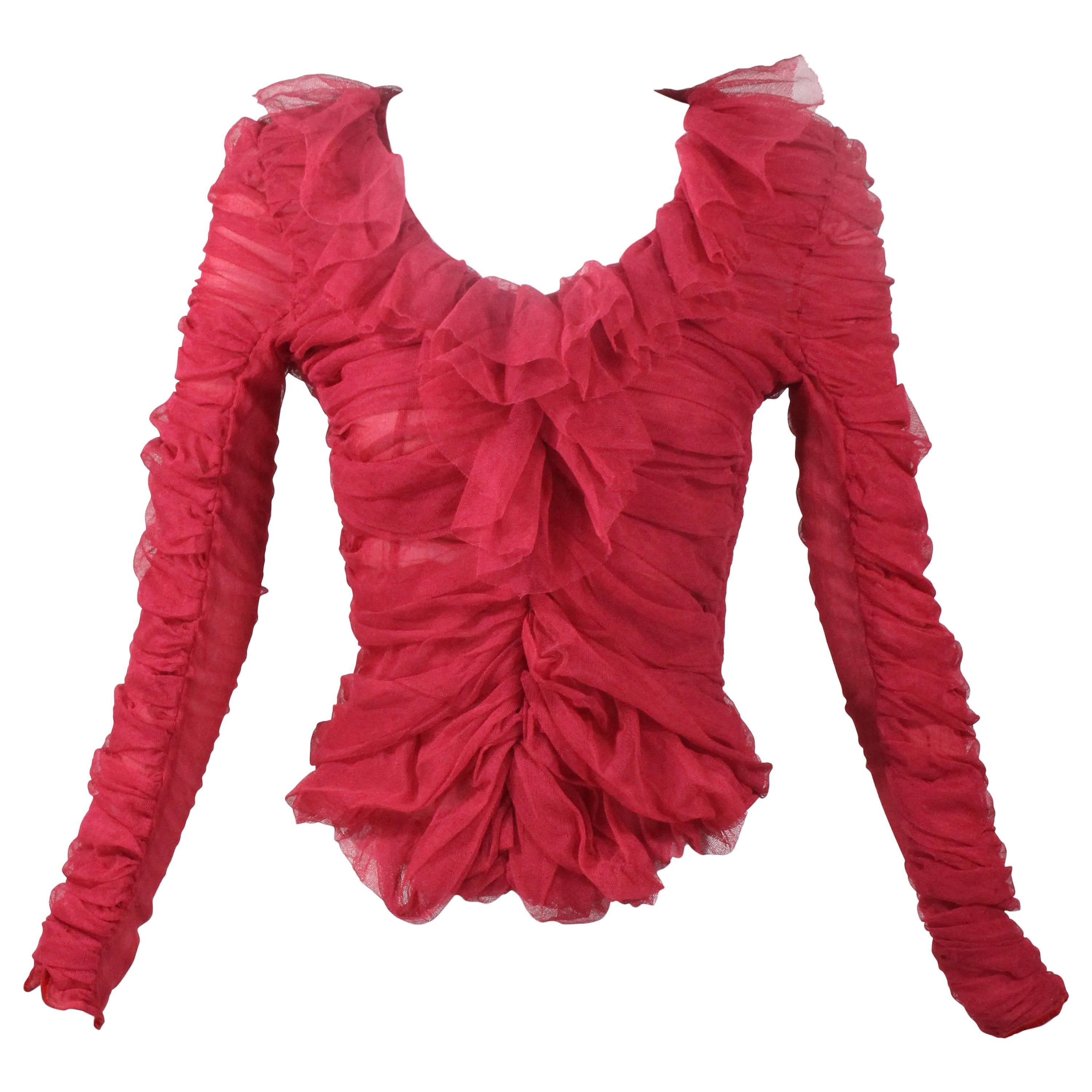 Tom Ford for Yves Saint Laurent Red Ruched Ruffled Silk Top Blouse