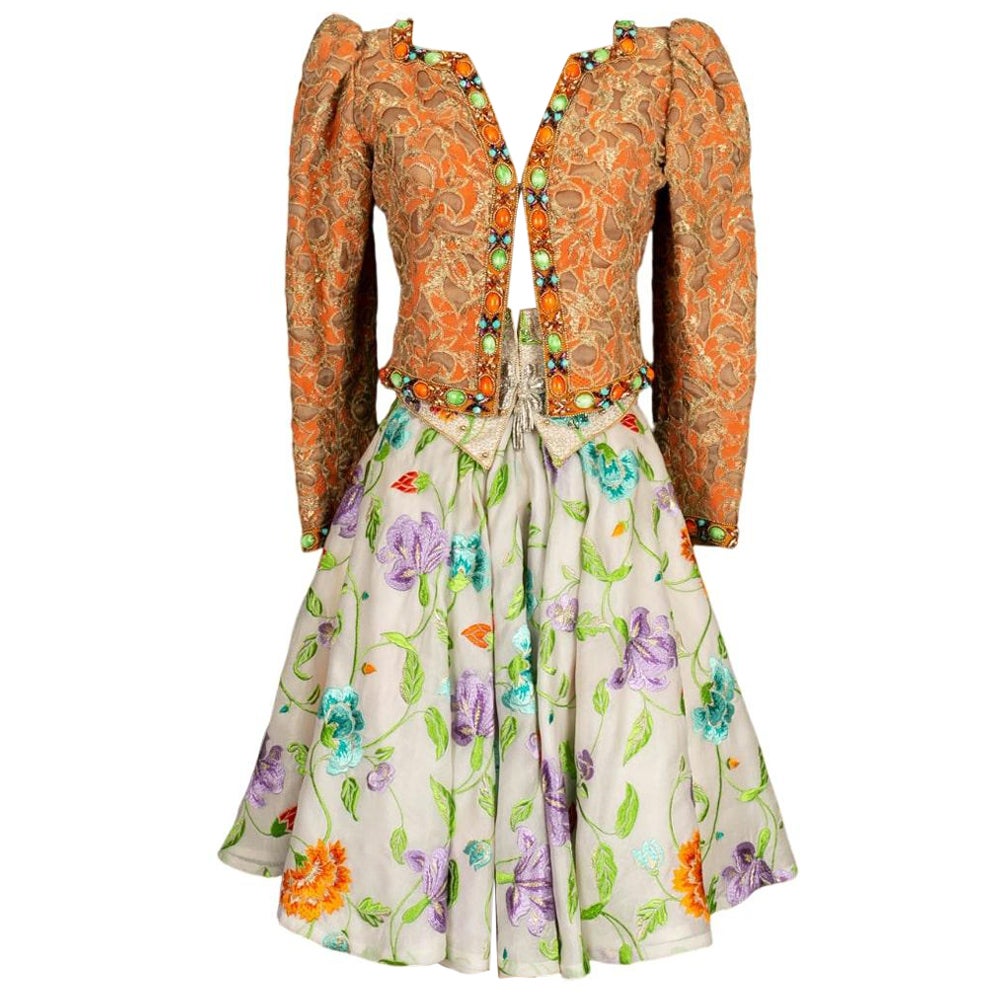 Ungaro Haute Embroidered with Flowers, Beads and Rhinestones Couture Set For Sale