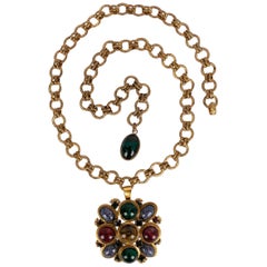 Vintage Yves Saint Laurent Golden Metal Necklace with Pendant Brooch