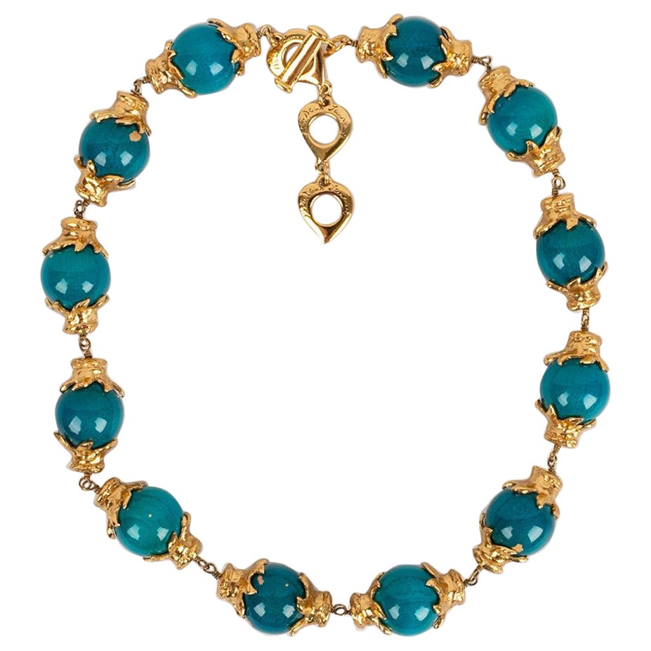 Yves Saint Laurent Gold Plated Metal Necklace with Wooden Beads For Sale