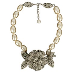 Chanel Camellia Necklace in Silver Plated Metal and Strass