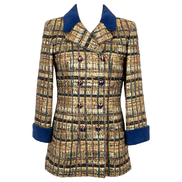 Chanel Blauer Tweed- und Samtmantel Größe 36FR, 2019 im Angebot bei 1stDibs
