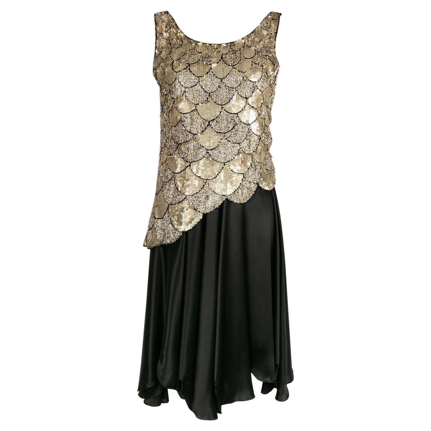 Black Silk with Gold Sequins Dress, 1930's For Sale